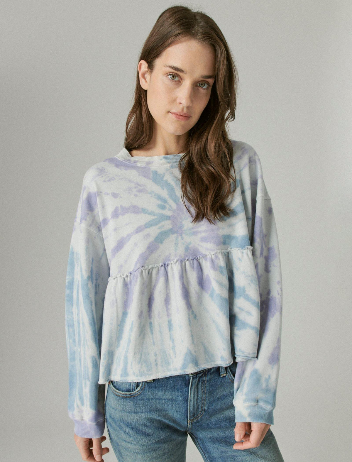 Lucky Brand Puff Sleeve Sweatshirt Blue Swirl Tie Dye