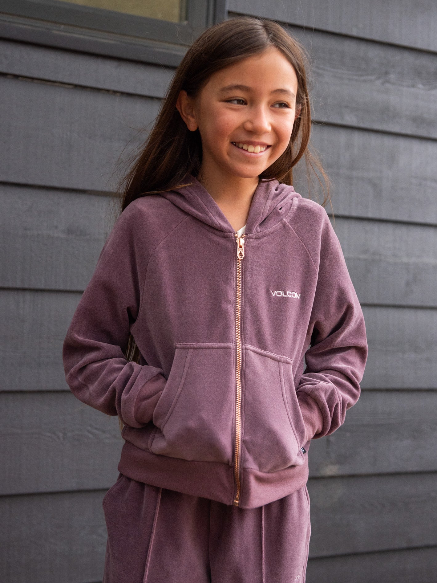 Volcom Girls Lived In Lounge Velour Zip Fleece Jacket Acai