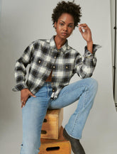 Lucky Brand Raw Edge Plaid Cropped Buttondown Shirt Black Plaid