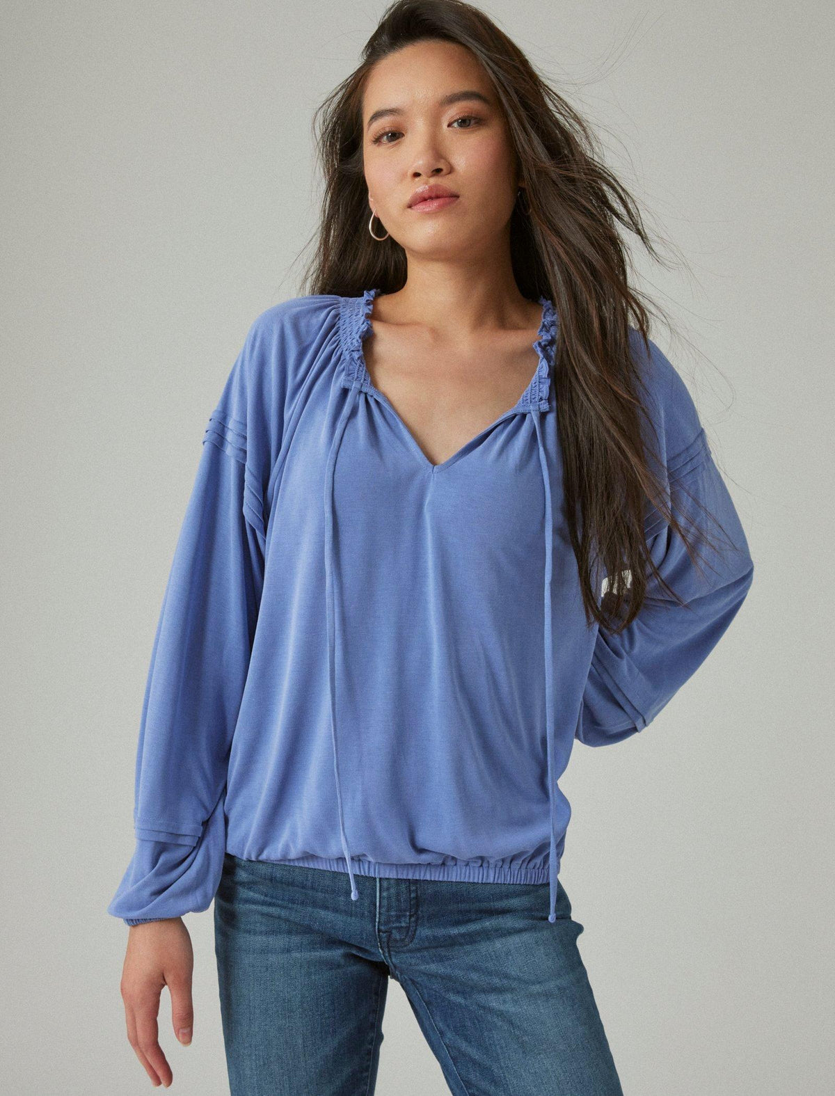 Lucky Brand Sandwash Blouson Top Bleached Denim