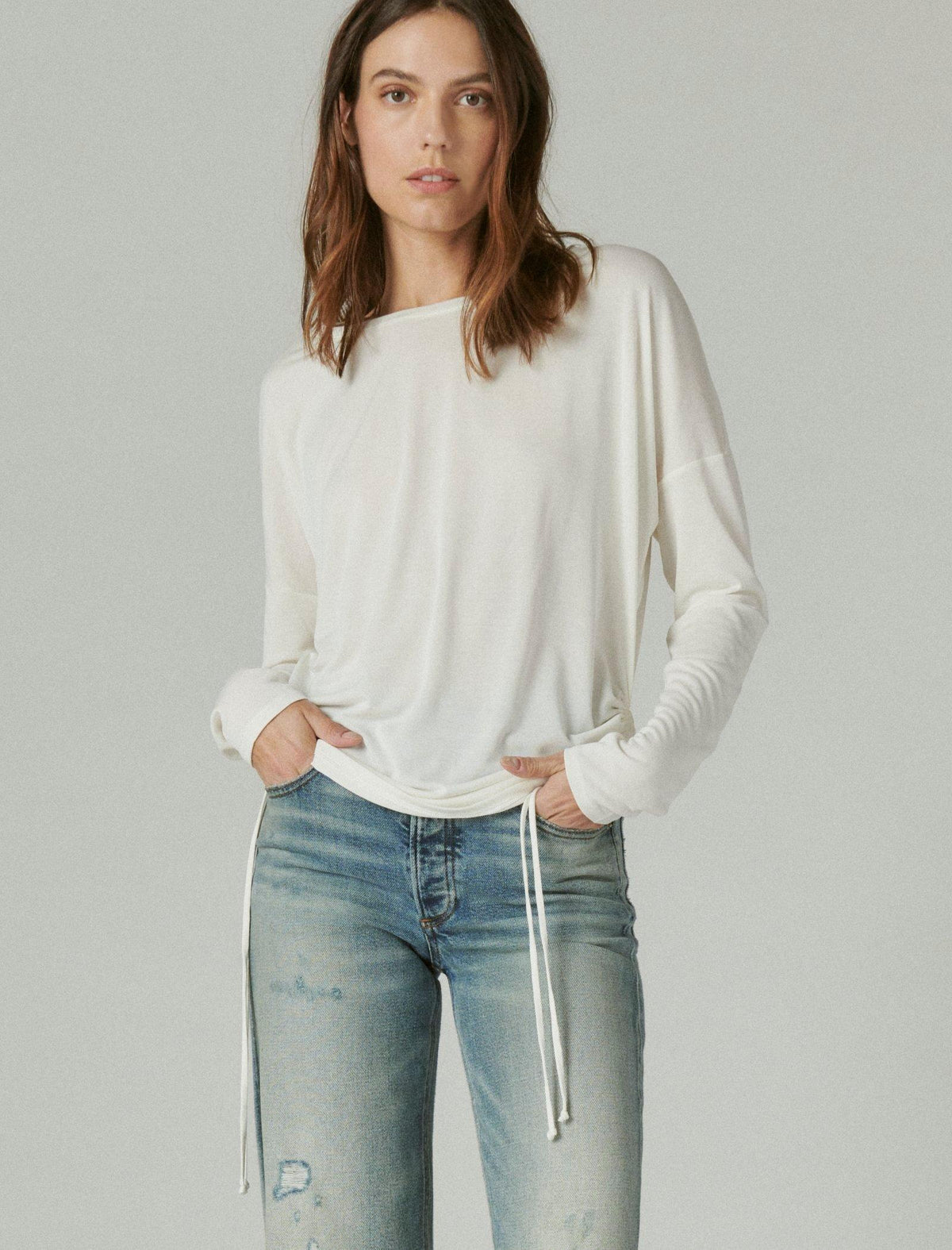 Lucky Brand Sandwash Ruched Side Long Sleeve Top Cream