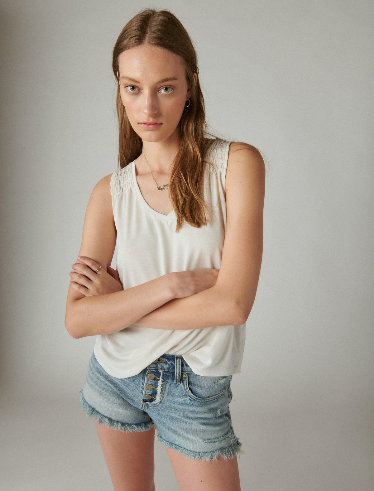 Lucky Brand Sandwash Smocked Shoulder Tank Ethereal White