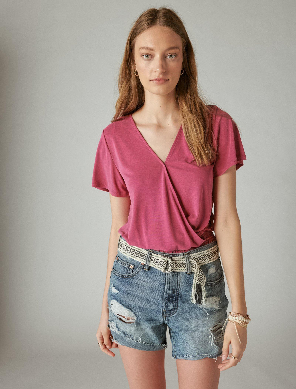 Lucky Brand Sandwash Surplice Top Red Violet