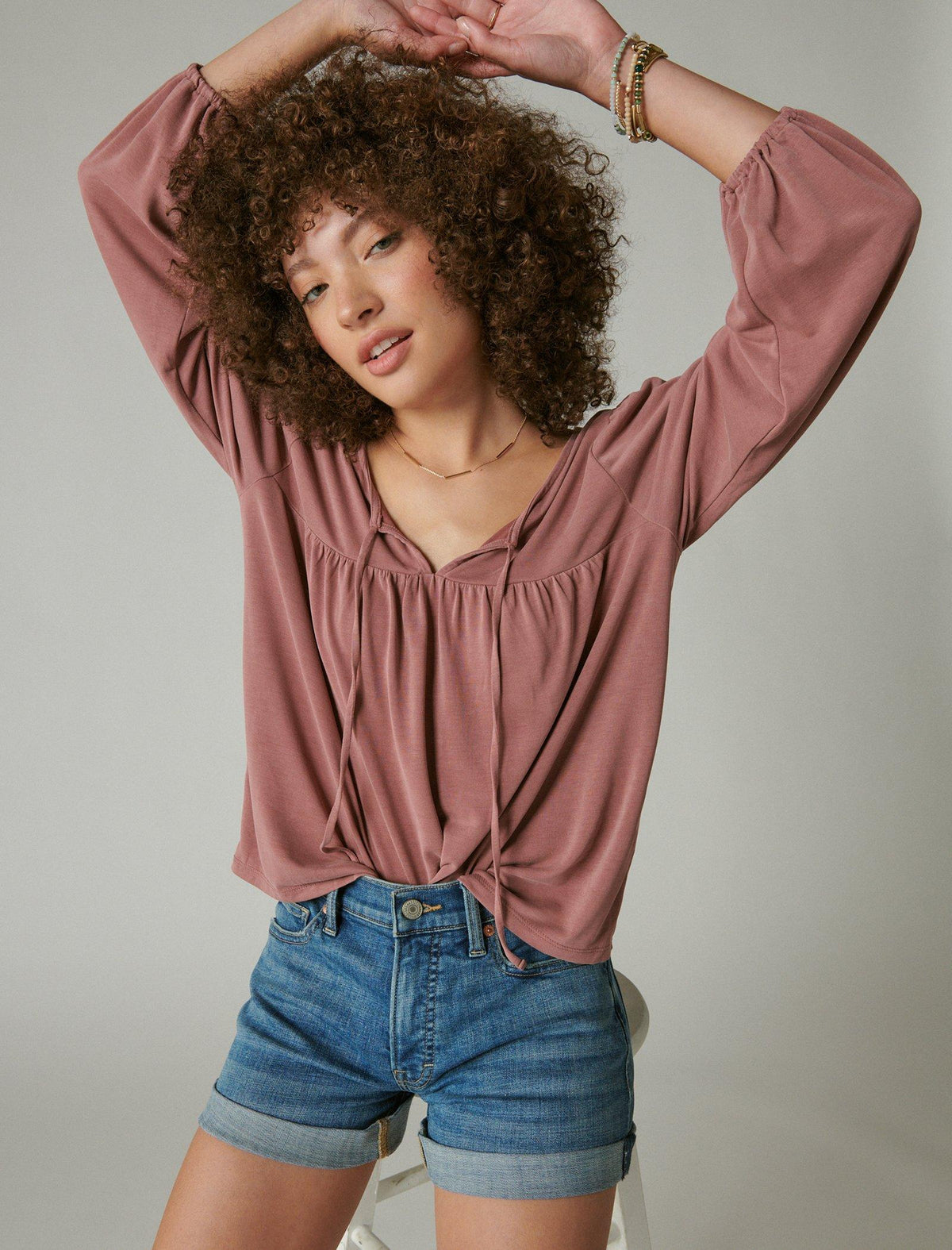 Lucky Brand Sandwash Tie Front Top Rose Brown