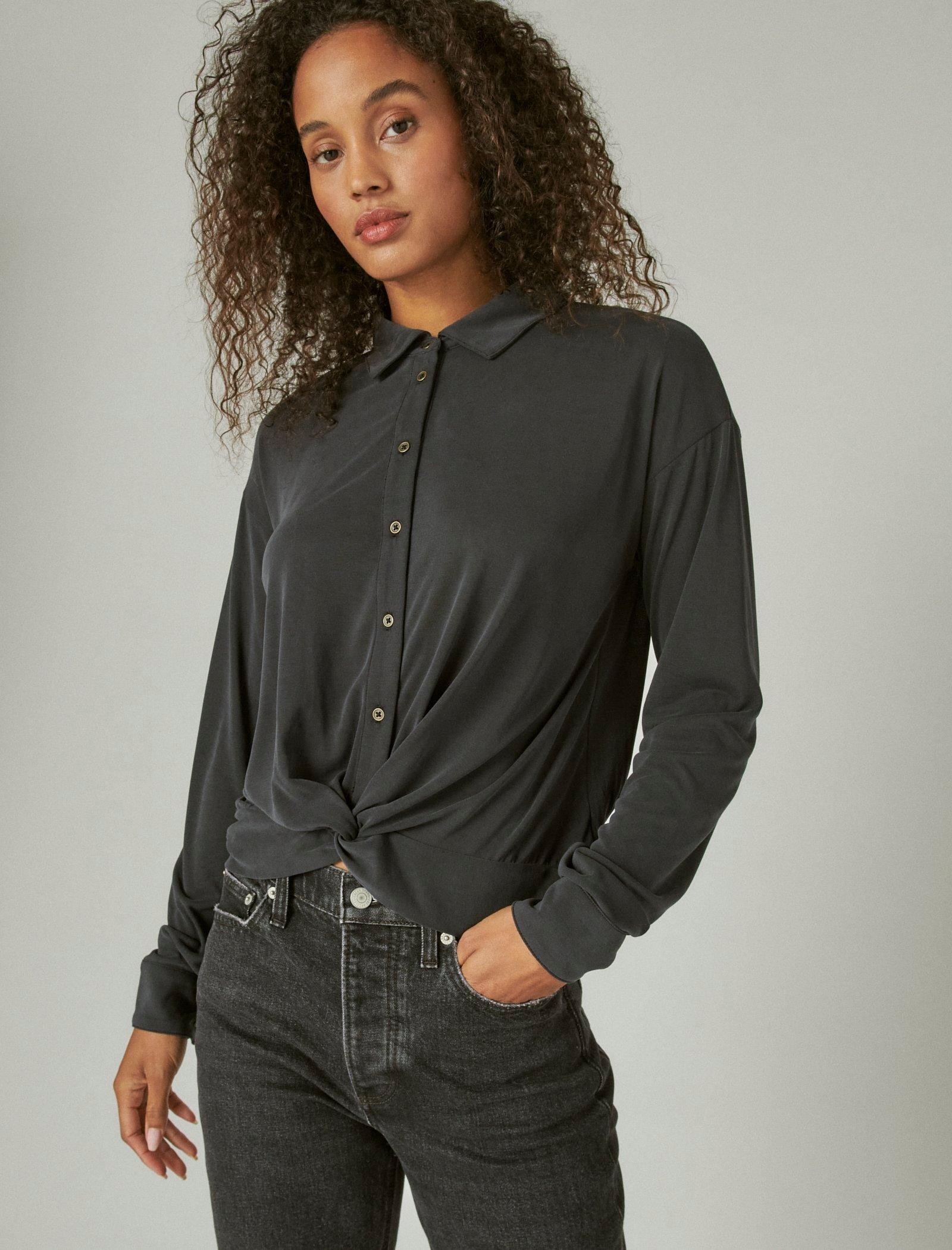 Lucky Brand Sandwash Twist Front Long Sleeve Button Up Shirt - Women's Clothing Button Down Tops Shirts Jet Black