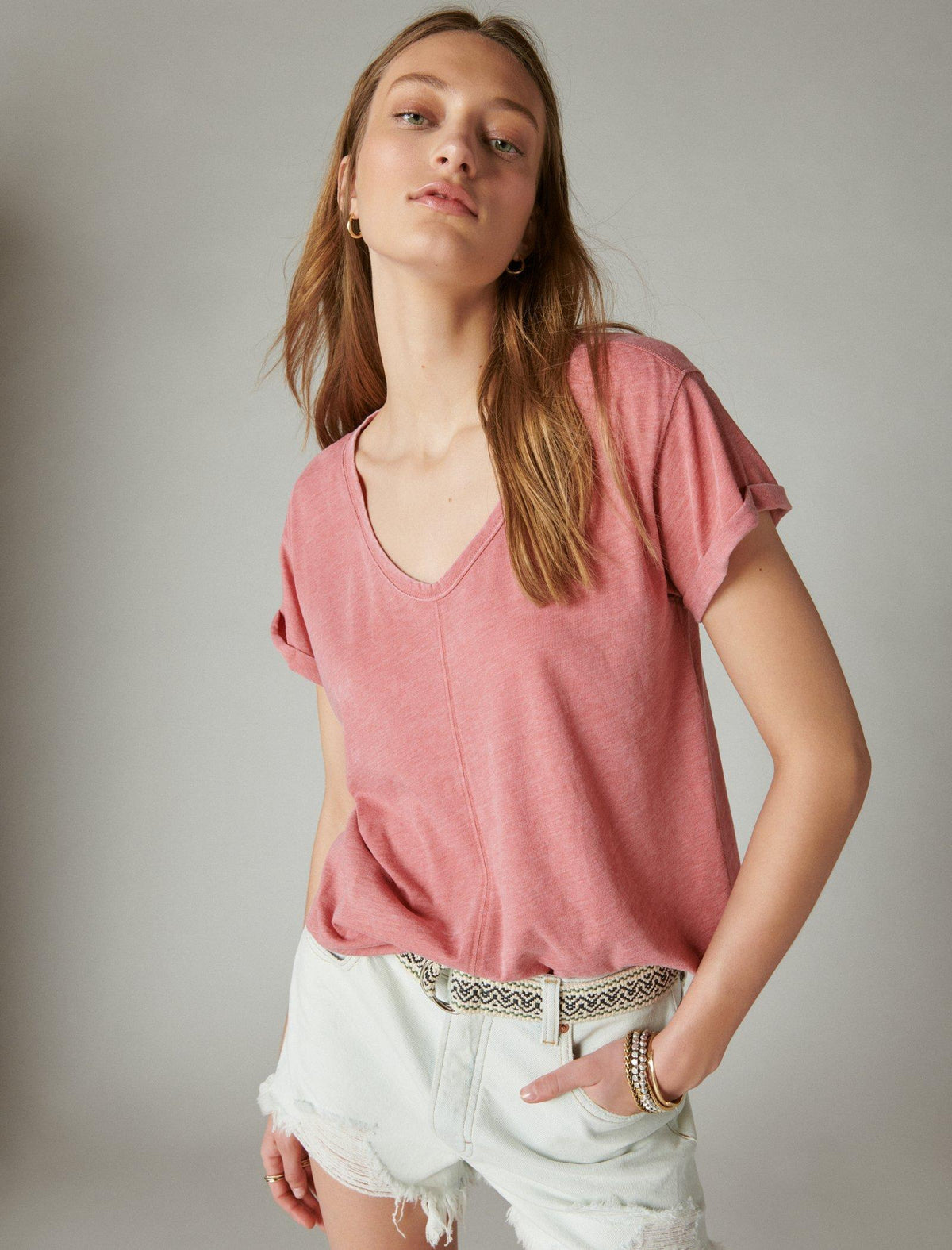 Lucky Brand Seamed Scoop Neck Tee Dusty Cedar