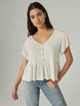 Lucky Brand Short Sleeve Button Top Pearled Ivory