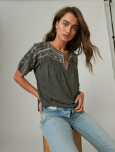 Lucky Brand Short Sleeve Embroidered Swing Top Raven