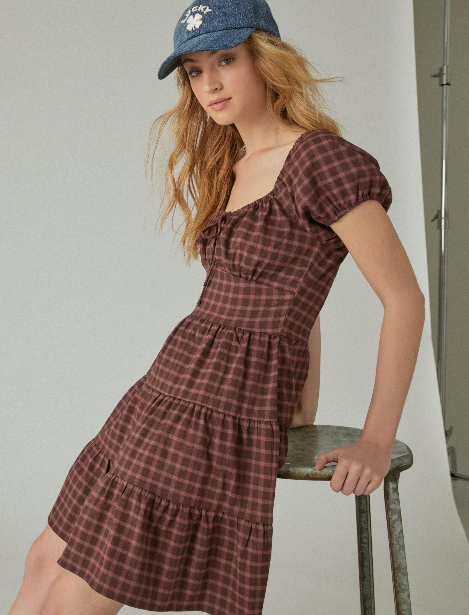 Lucky Brand Short Sleeve Plaid Dress Pink Multi