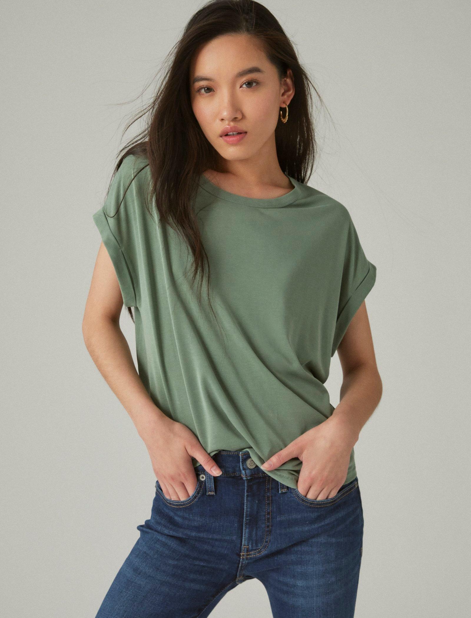 Lucky Brand Short Sleeve Sandwash Dolman Tee - Women's Clothing Tops Shirts Tee Graphic T Shirts Loden Green