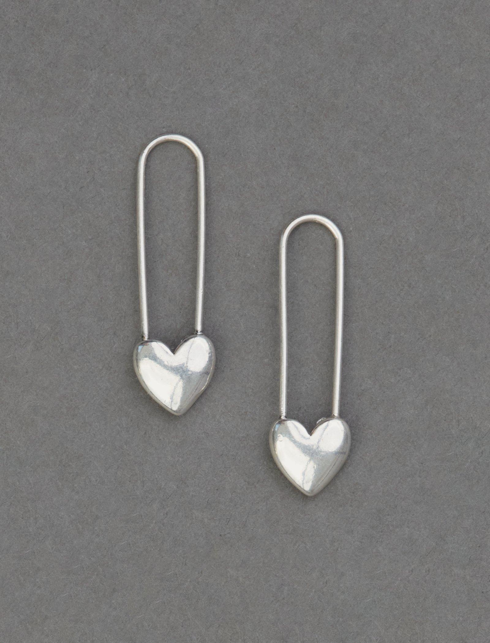 Lucky Brand Safety Pin Heart Earrings Silver