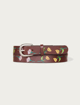 Lucky Brand Skinny Leather Jean Belt With Floral Embossed And Handpaint Dark Brown