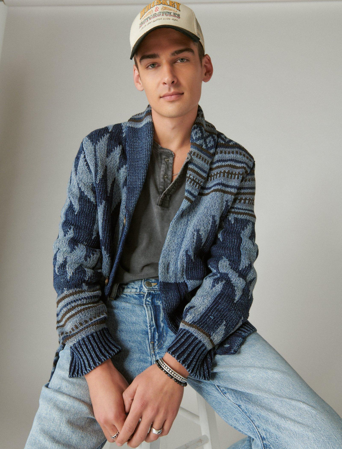 Lucky Brand Southwestern Print Shawl Cardigan - Men's Clothing Tops Sweaters Dark Denim Combo