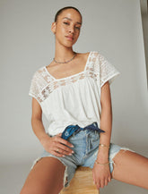 Lucky Brand Square Neck Lace Beach Tee Whisper White