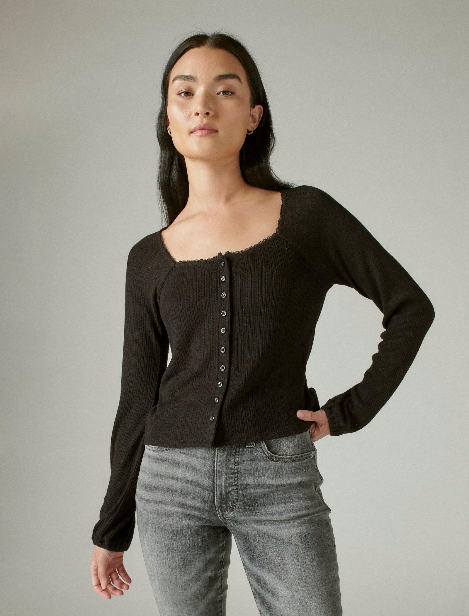 Lucky Brand Square Neck Pointelle Button Front Top - Women's Clothing Tops Tees Shirts Jet Black