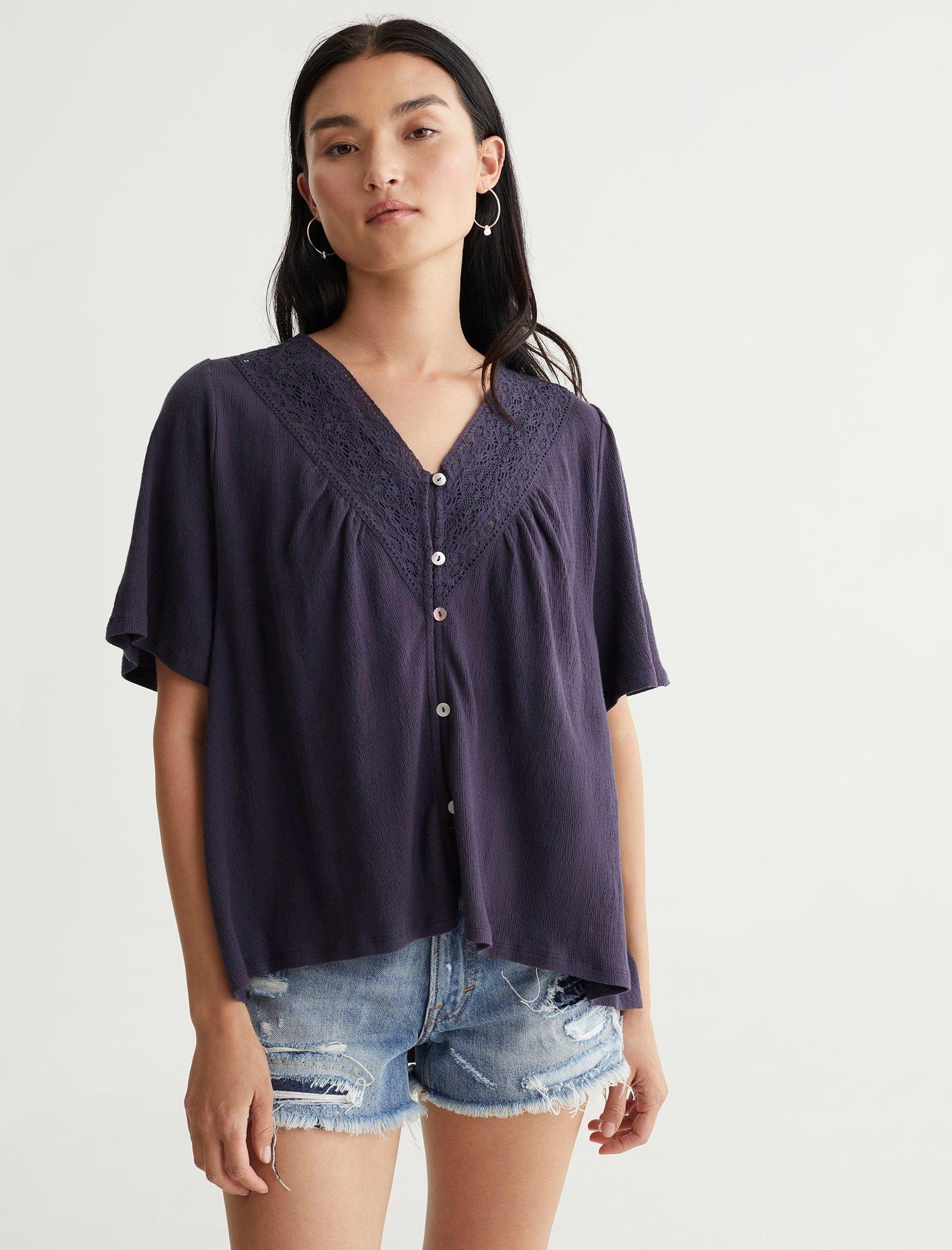 Lucky Brand Ss Emb Boho Blouse Greystone