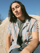 Lucky Brand Striped Short Sleeve Camp Collar Shirt Indigo Stripe