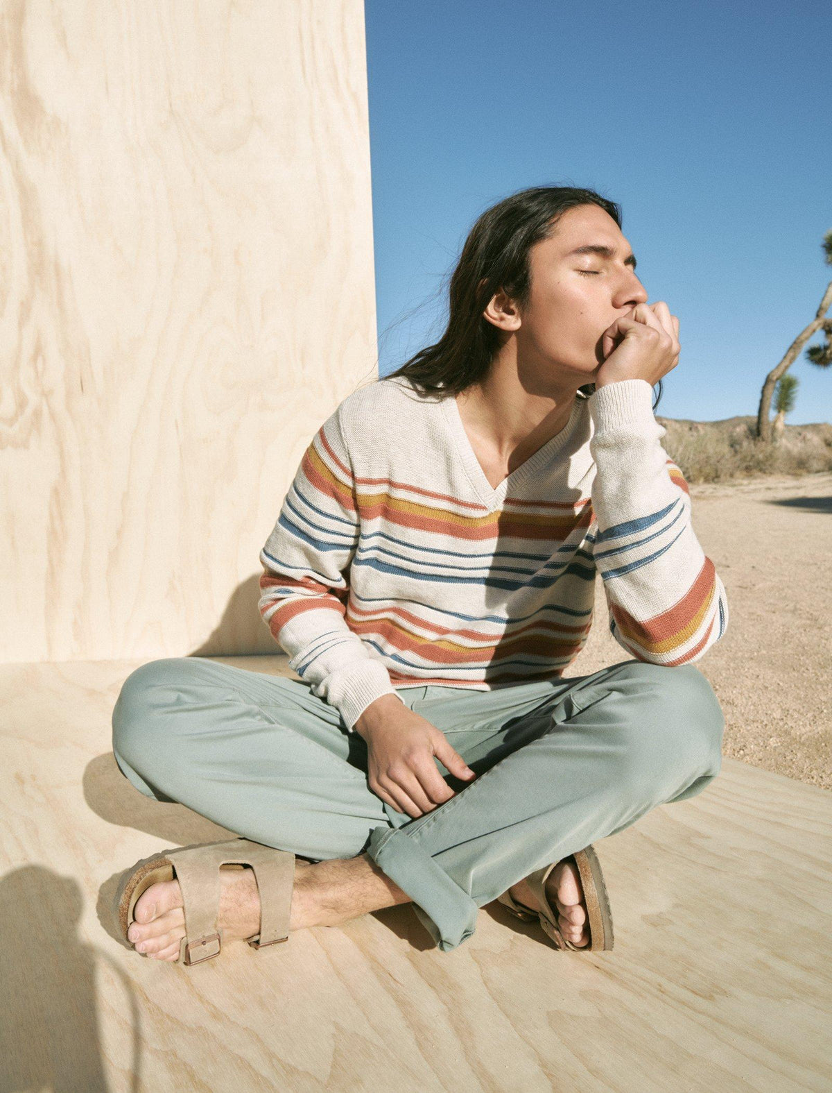 Lucky Brand Striped Welterweight V-Neck Sweater Straw Heather Combo