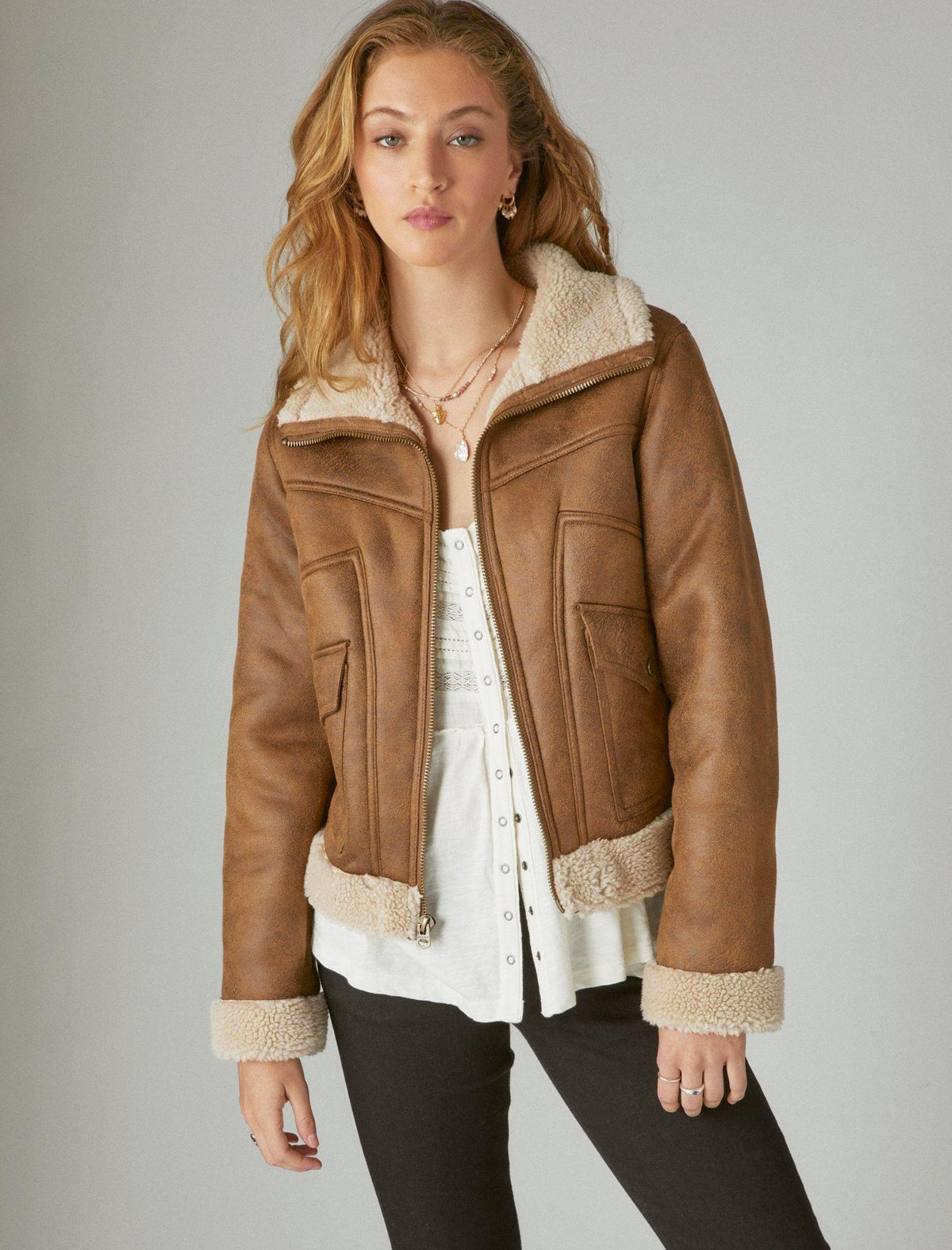 Lucky Brand Suede Faux Shearling Jacket Dark Brown