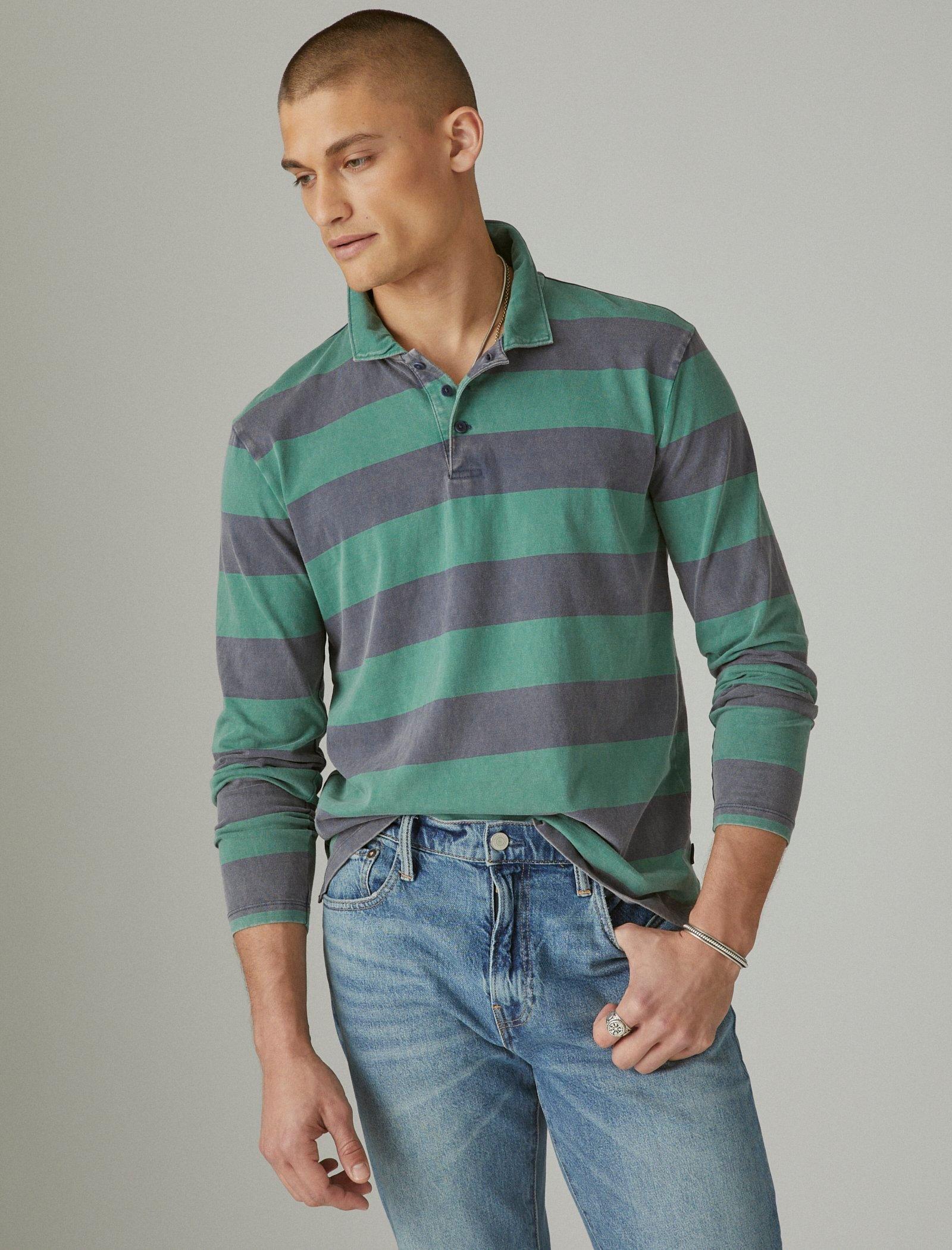 Lucky Brand Sueded Jersey Long Sleeve Rugby Stripe Polo Multi