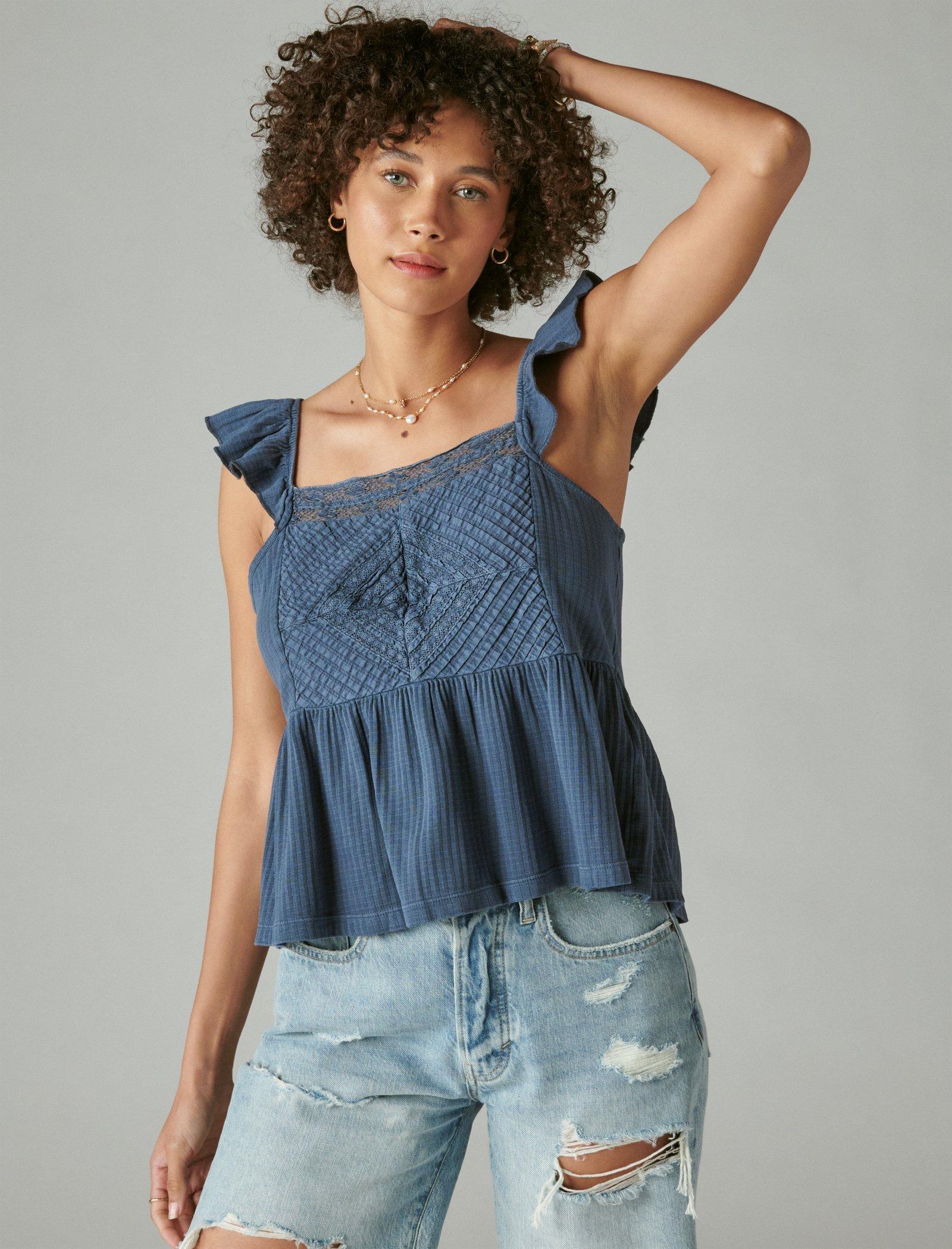 Lucky Brand Textured Yoke Peplum Tank Dark Denim