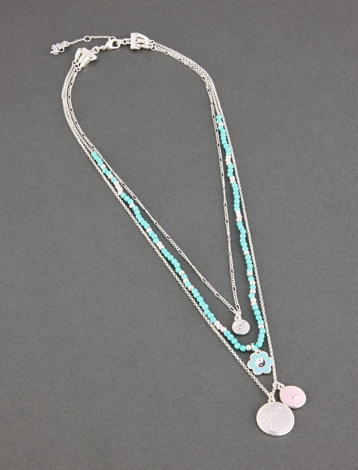 Lucky Brand Turquoise Beaded Enamel Charm Layer Necklace Silver