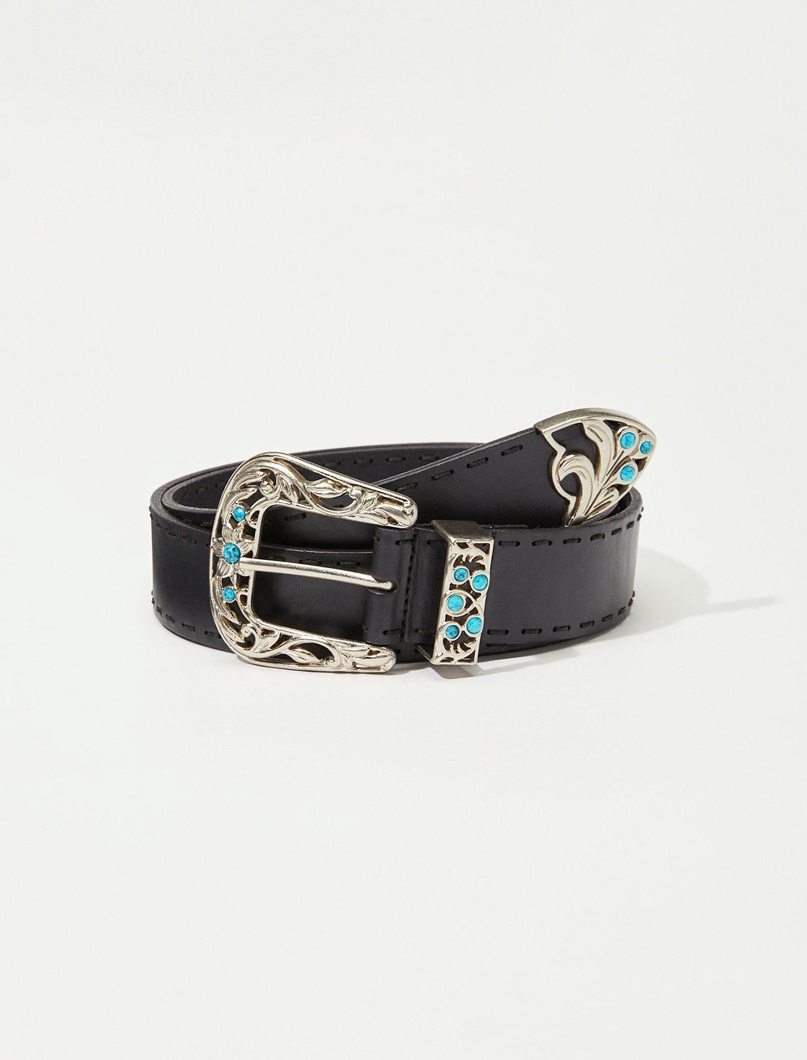 Lucky Brand Turquoise Western Buckle Stitch Belt Black