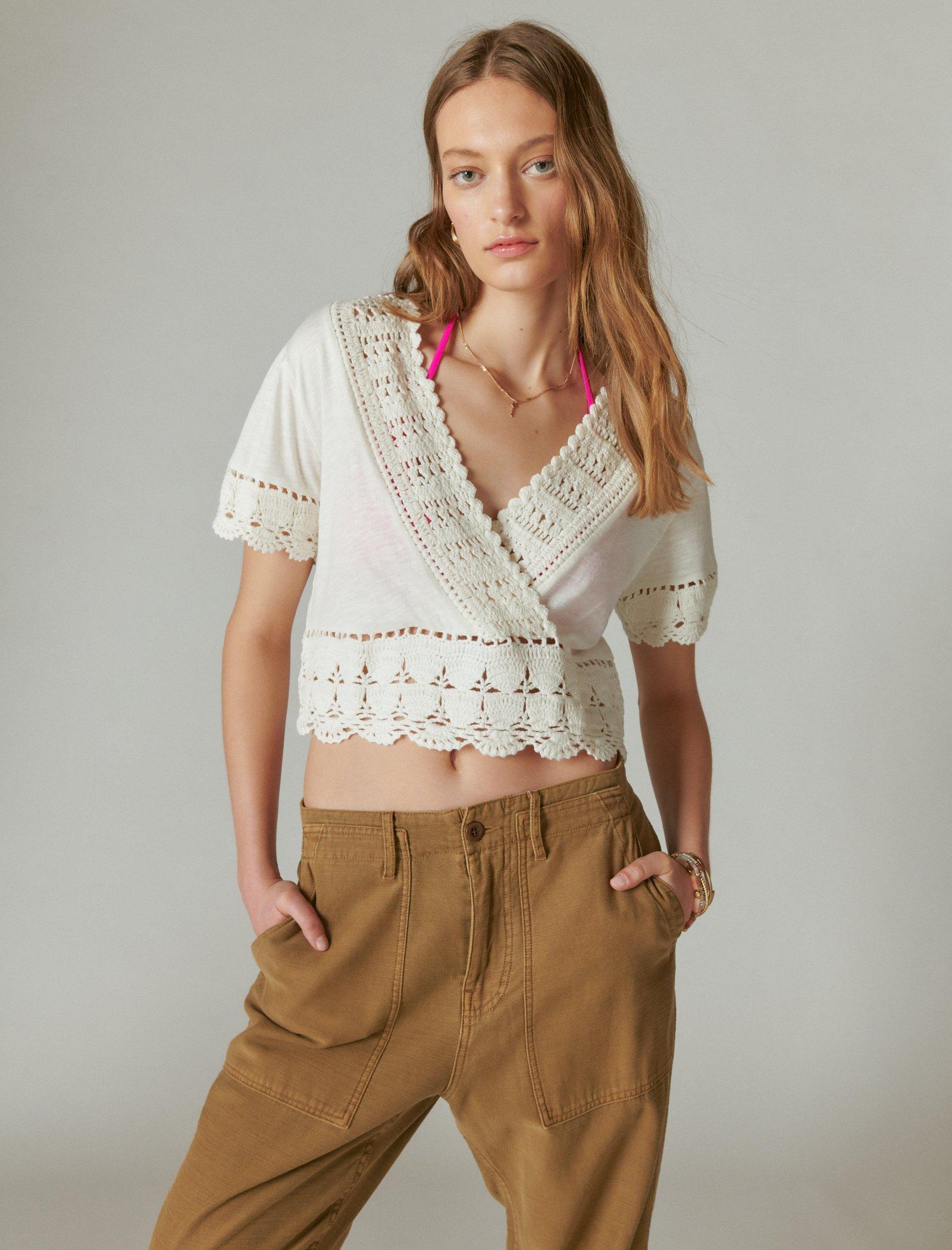 Lucky Brand V Neck Crochet Top Cloud Dancer