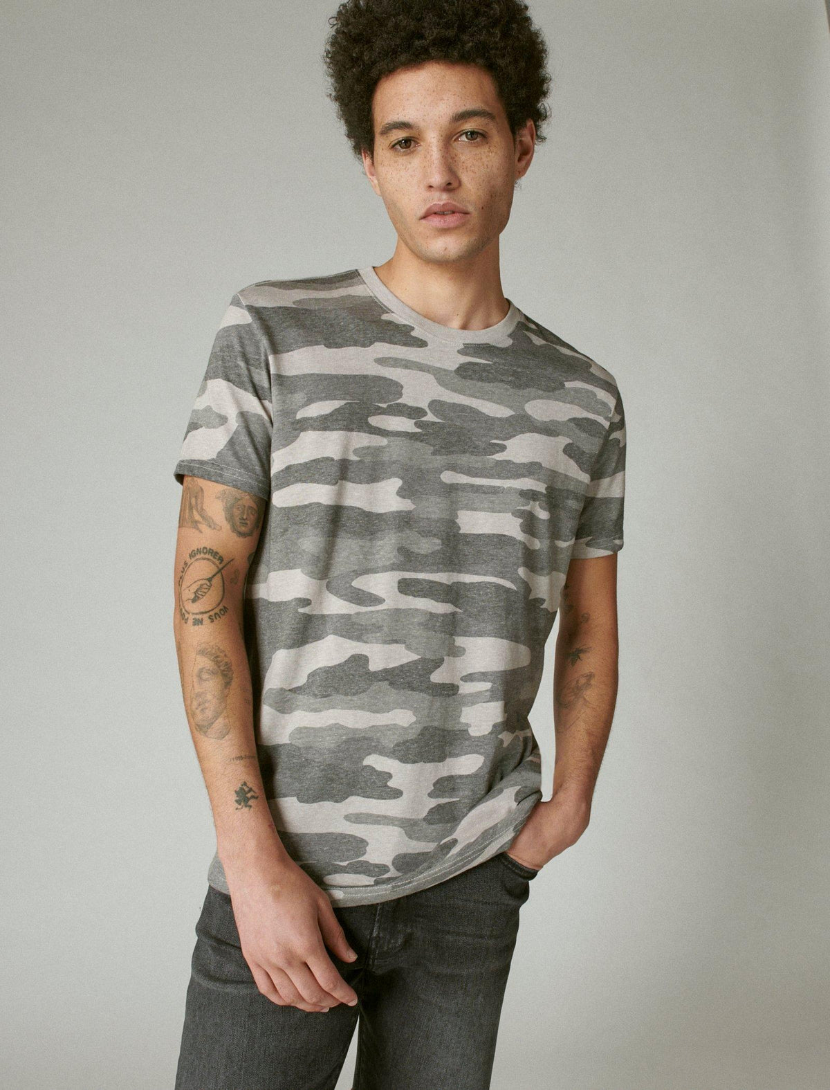 Lucky Brand Venice Burnout Camo Crew Neck Tee Grey Camo