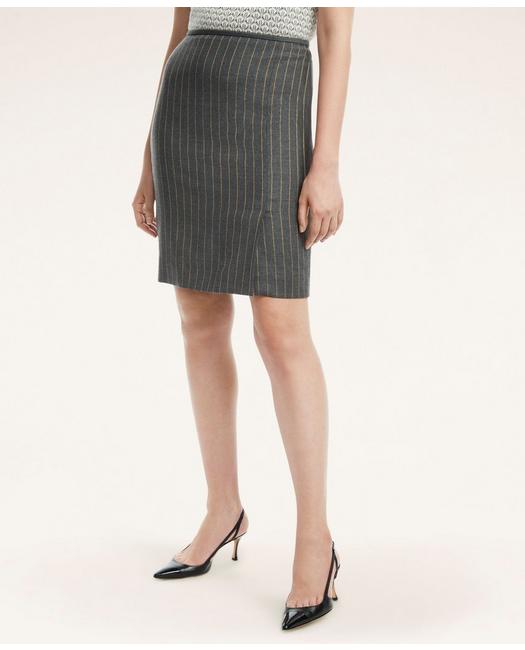 Brooks Brothers Women's Stretch Wool Flannel Pinstripe Pencil Skirt Grey/Camel