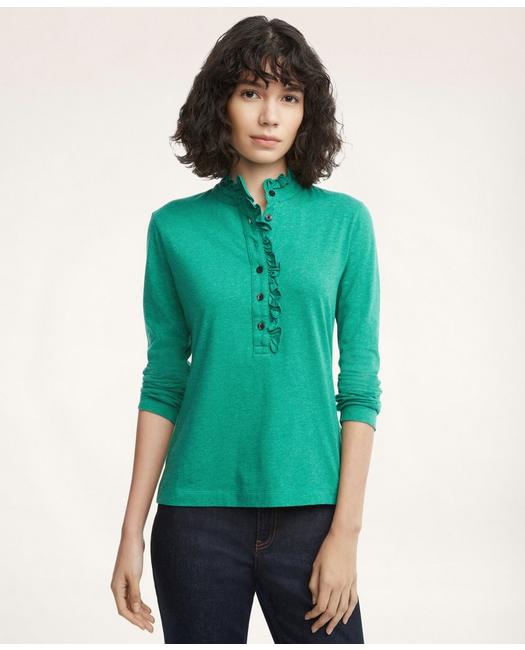 Brooks Brothers Women's Supima Cotton Ruffled Henley Shirt Green