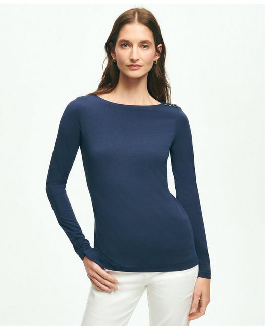Brooks Brothers Women's Cotton Modal Button-Shoulder Top Sweater Navy