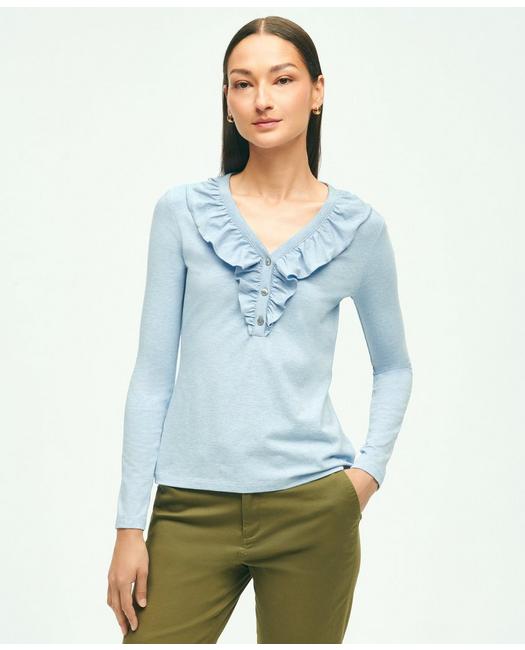 Brooks Brothers Women's Long Sleeve Cotton Modal Ruffled Top Medium Blue Heather