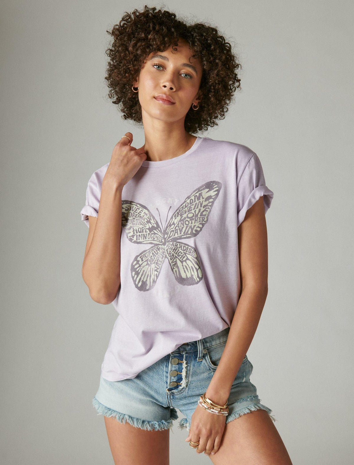 Lucky Brand Wordfill Butterfly Boyfriend Tee Pastel Lilac