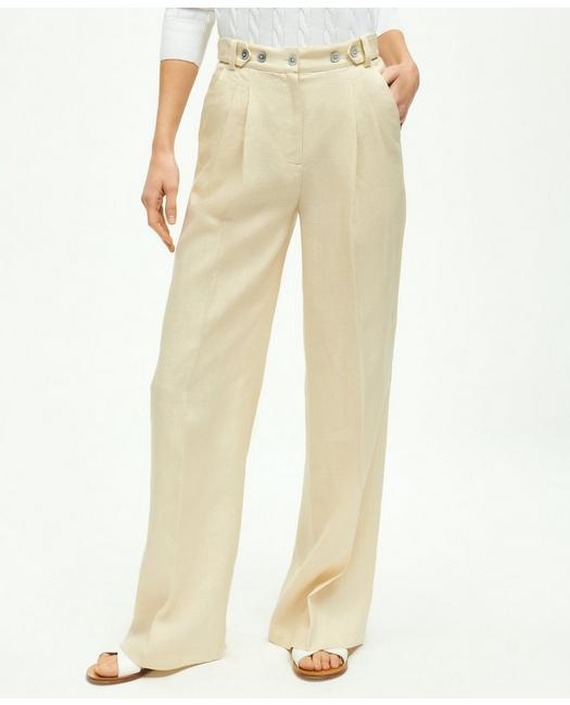 Brooks Brothers Women's Linen Wide Leg Pleated Pants Oatmeal