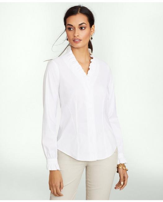 Brooks Brothers Women's Fitted Non-Iron Stretch Supima Cotton Ruffle Dress Shirt White