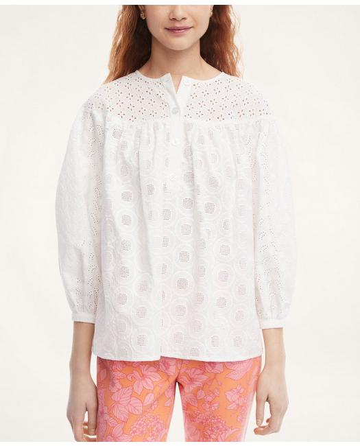 Brooks Brothers Women's Cotton Voile Blouson Eyelet Blouse White