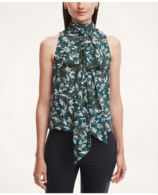 Brooks Brothers Women's Floral Bow Neck Blouse Teal