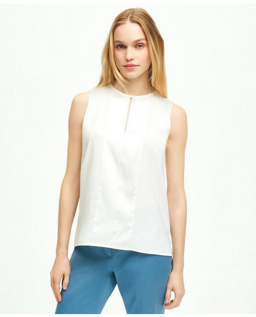 Brooks Brothers Women's Stretch Silk Sleeveless Contrast Blouse White