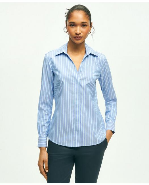 Brooks Brothers Women's Fitted Stretch Supima Cotton Non-Iron Striped Dress Shirt Blue