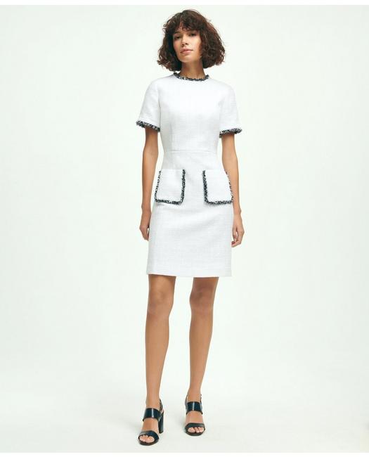 Brooks Brothers Women's Cotton Blend Boucle Fringe Trim Short Sleeve Dress White