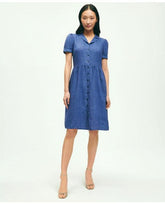 Brooks Brothers Women's Linen Shirred-Waist Relaxed Shirt Dress Blue