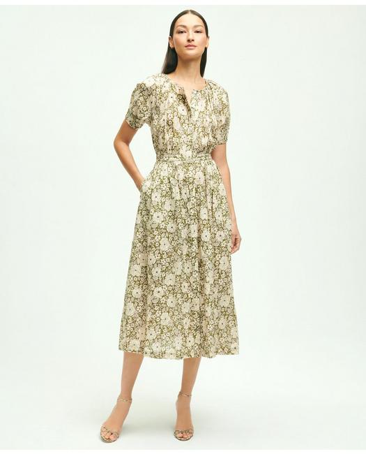 Brooks Brothers Women's Linen Floral Print Shirt Dress Green