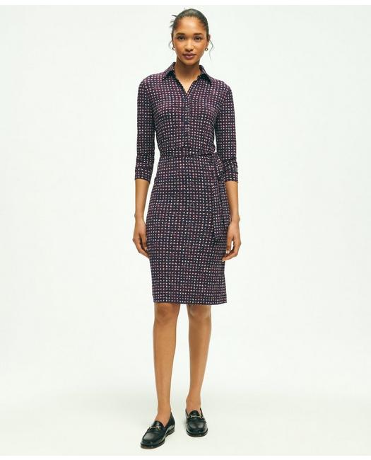 Brooks Brothers Women's Jersey Belted Plaid Print Dress Navy