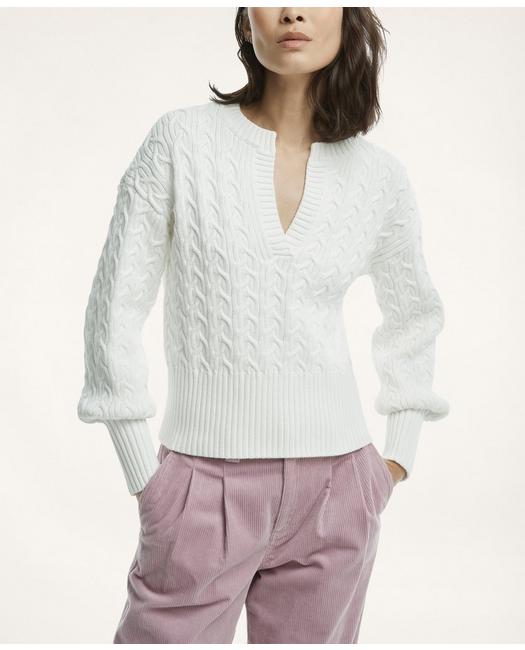 Brooks Brothers Women's Supima Cotton Split Neck Cable Knit Sweater Cream