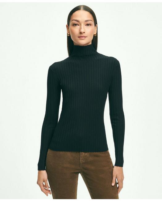 Brooks Brothers Women's Silk-Blend Mock Neck Ribbed Sweater Black