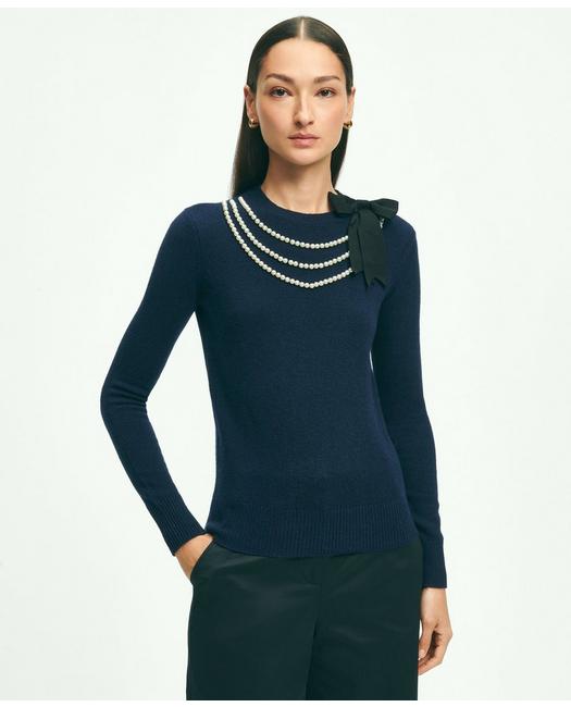 Brooks Brothers Women's Merino Wool-Cashmere Faux-Pearl Necklace Sweater Navy