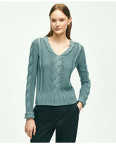 Brooks Brothers Women's Cotton Multi-Cable V-Neck Sweater Blue