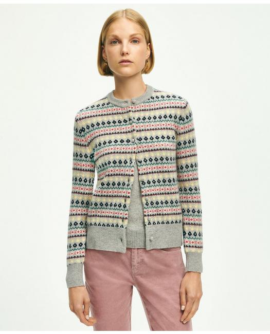 Brooks Brothers Women's Lambswool Fair Isle Cardigan Sweater Grey