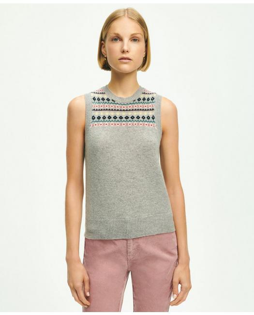 Brooks Brothers Women's Lambswool Fair Isle Shell Sweater Grey